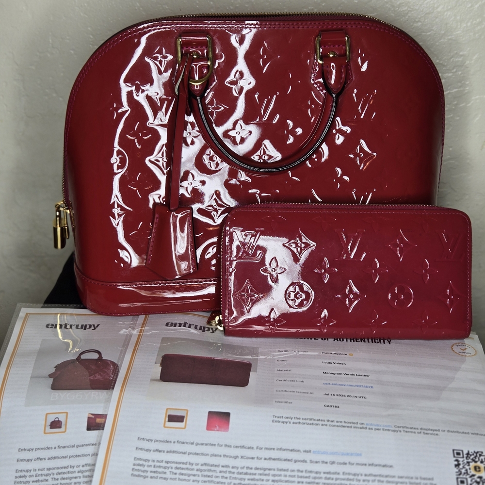 Louis Vuitton patent leather Alma Elegant Red Designer Handbag and Wallet Set